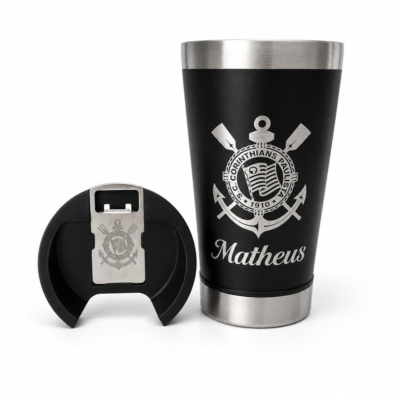 Copo Térmico Corinthians 473ml Personalizado Com Nome e Abridor
