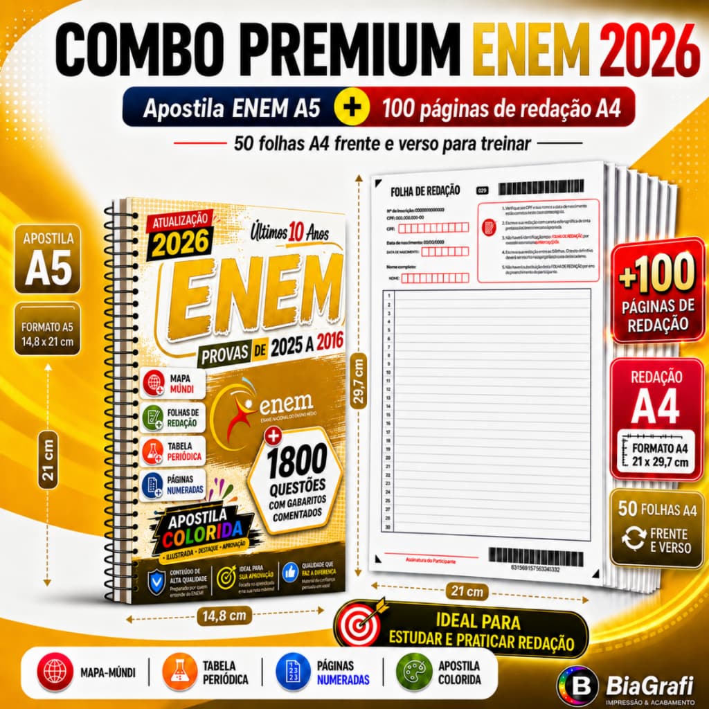 Kit ENEM 2026 A5 (21x14,8 cm) Provas+Gabaritos Últimos 10 Anos + 100 pág Redação + Periódica + Mundi