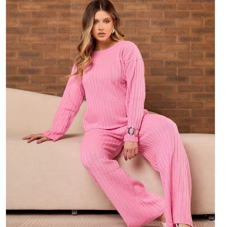 Conjunto Tricot de Frio Inverno Feminino Mousse Rosa Canelado Calça Blusa 2 Peças Quente Confortável