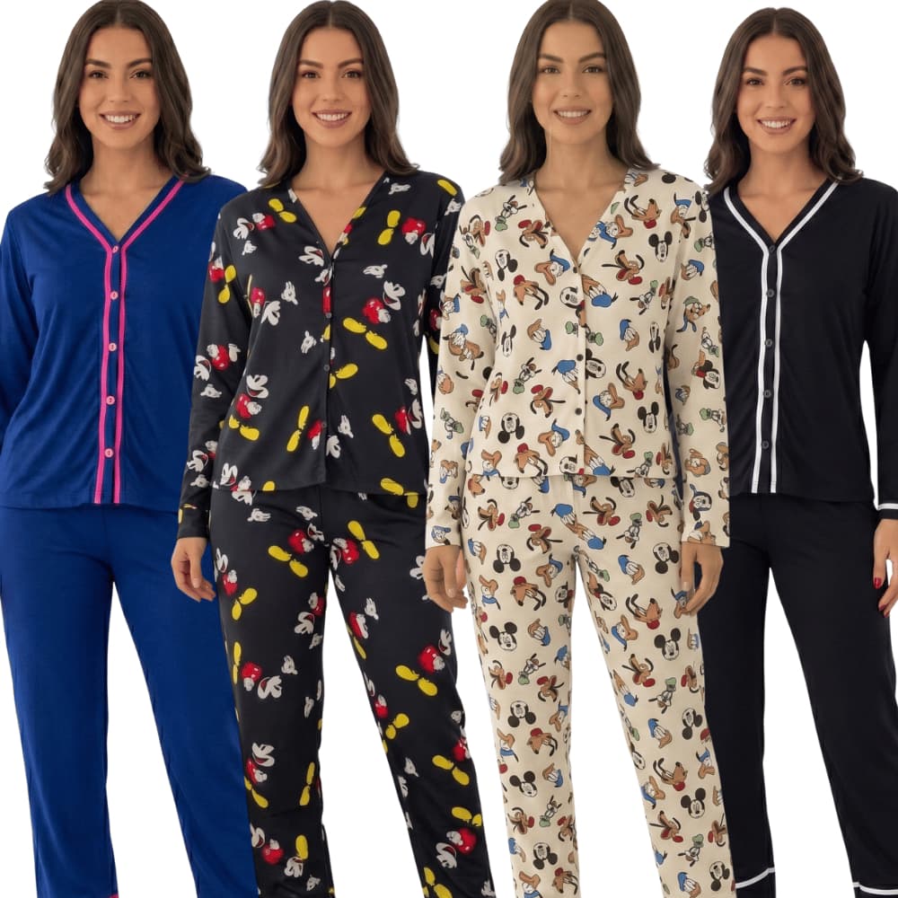 Pijama Feminino Americano Aberto Curto E Longo Botões Funcionais Malha PV Confortável P Ao GG