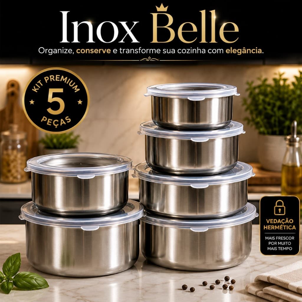 Kit 5 Potes Herméticos Inox Redondos Com Tampa Vedação Conservação Alimentos Cozinha Organizador