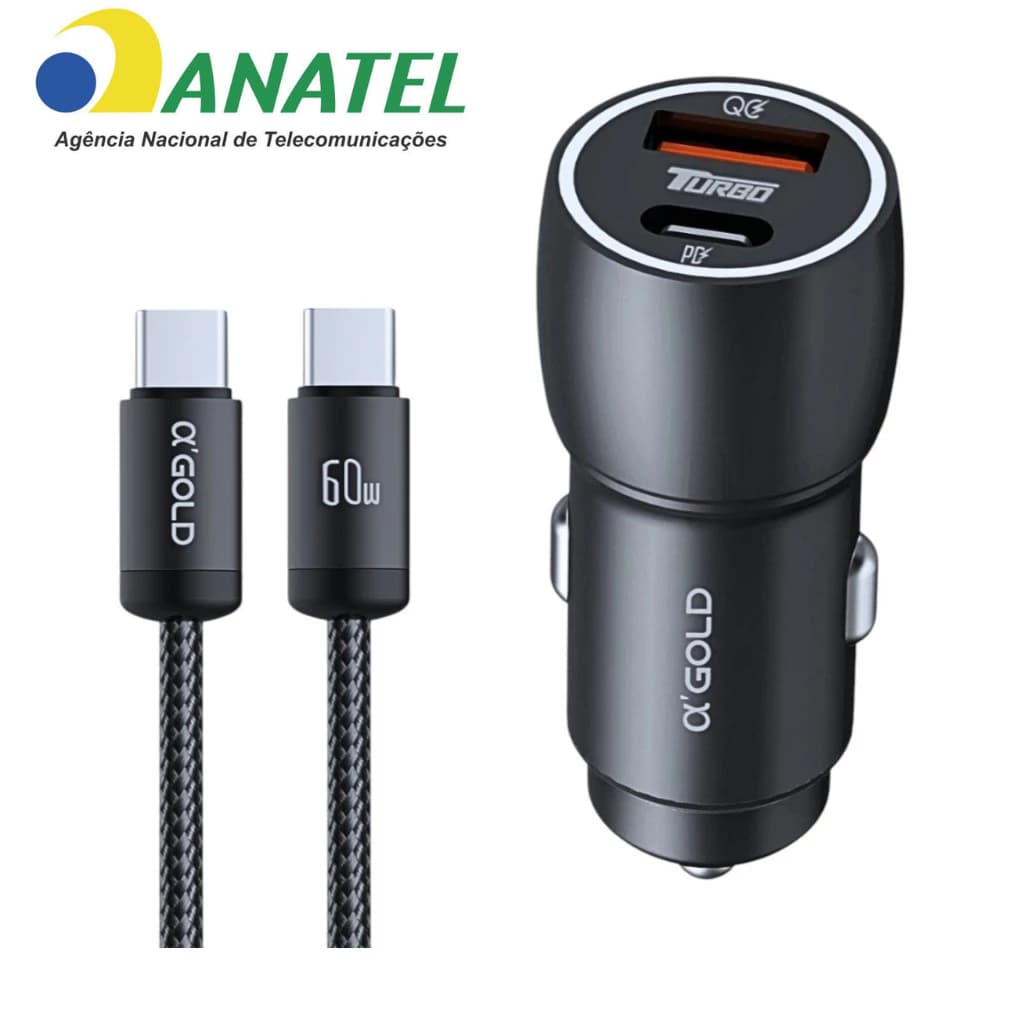 Carregador Veicular Turbo 60W Com Cabo USB-C Automotivo