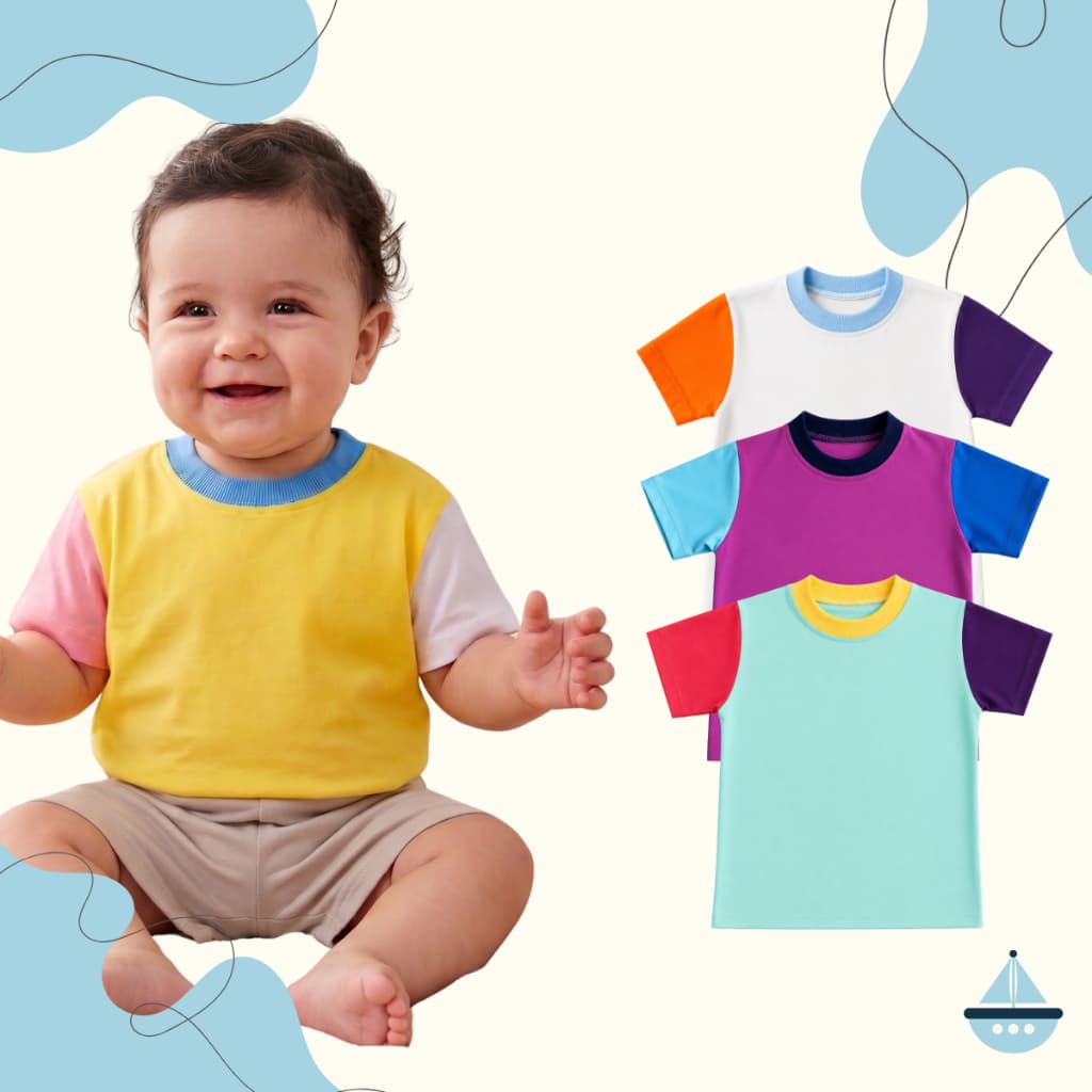 Kit 3 Camiseta Infantil Menina Color Block Algodão Confort Cores Sortidas Divertidas Verão Parquinho