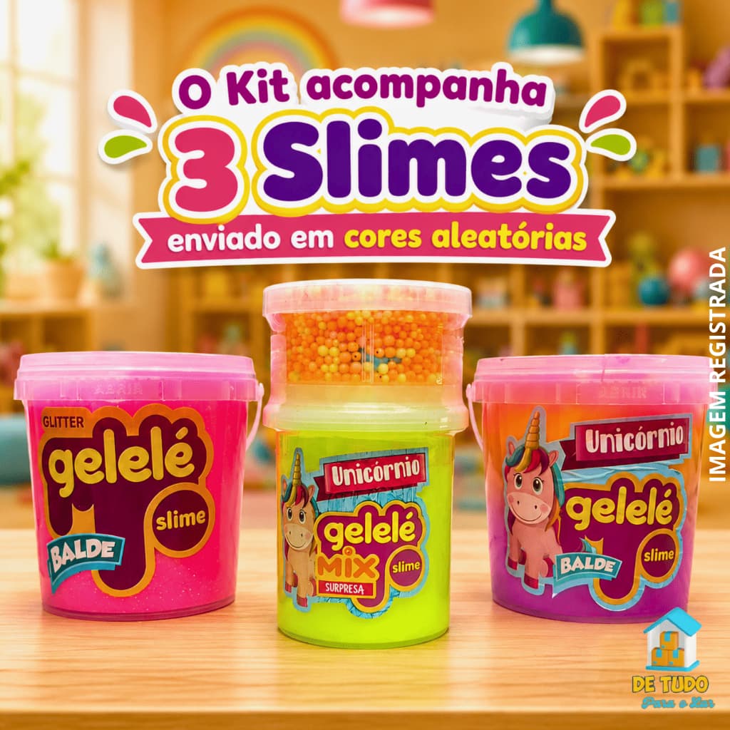 Kit 3 Slime Gelelé Unicórnio Glitter Bolinhas de Isopor + Brinquedo Surpresa