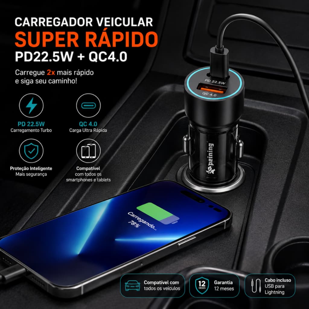 Carregador Veicular USB Tipo-C 45W PD QC4.0 Turbo Compatível com iPhone Samsung Xiaomi