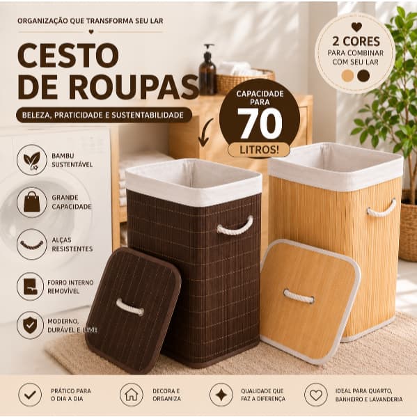 Cesto Organizador de Bambu com Tampa 70L | Roupeiro Dobrável Premium para Lavanderia Quarto Banheiro