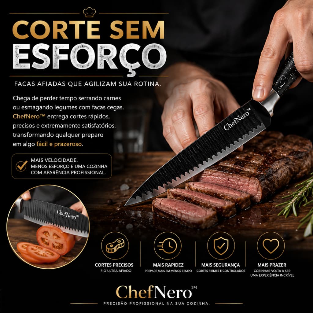 Jogo de Facas 6 Peças Aço Inox Premium Chef Cozinha Gourmet com Tesoura e Descascador