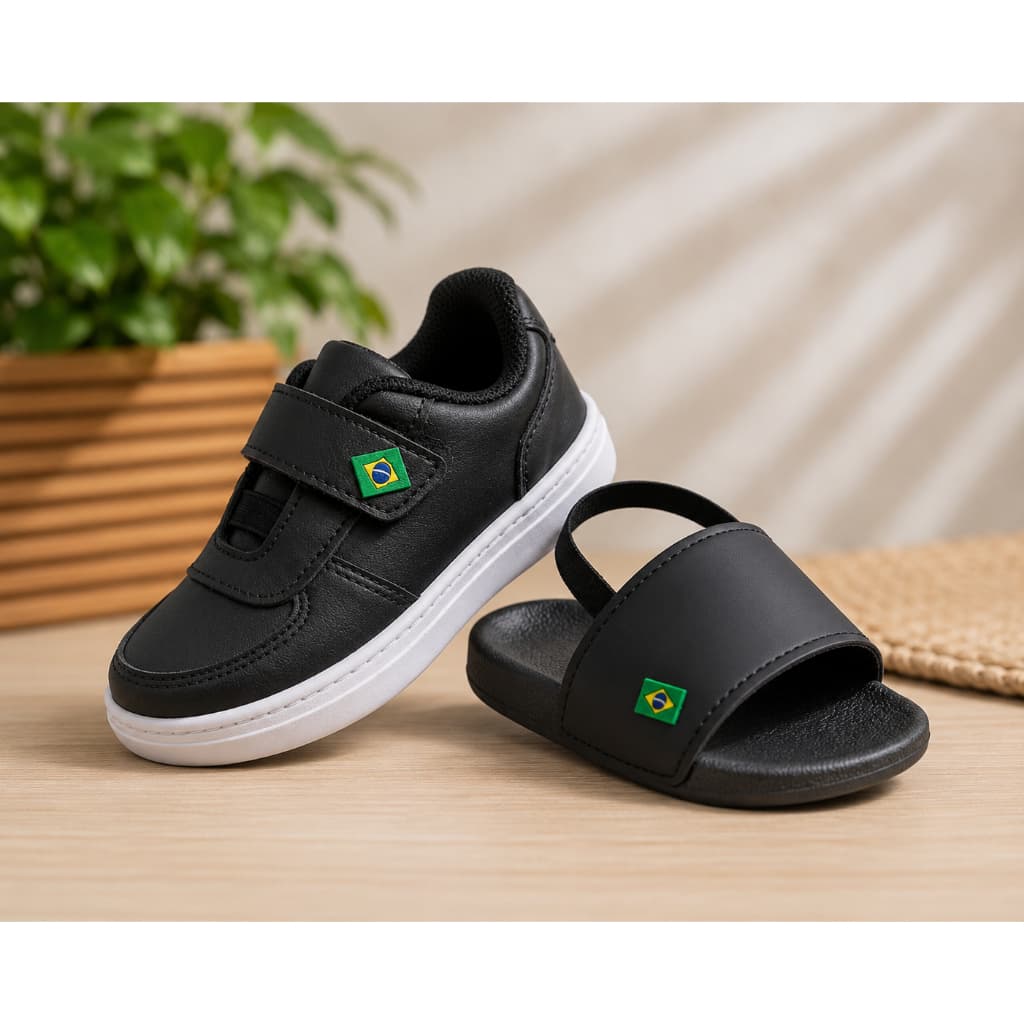 Kit Tênis Infantil Bebê + Chinelo Bebê Calce Fácil Velcro Antiderrapante Menino Brasil E Dinossauro