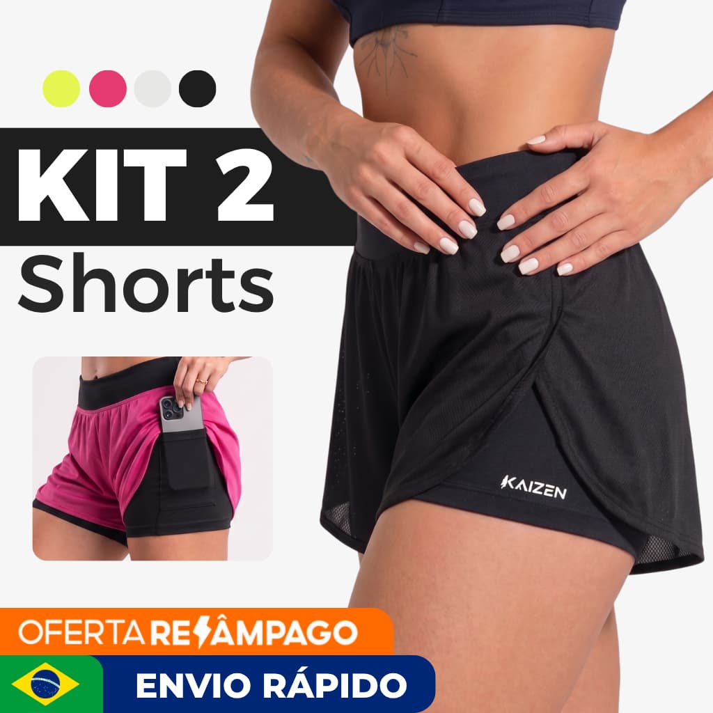 KIT COM 2 SHORTS FEMININO 2 EM 1 Dry Fit C/ Bolso Porta Celular Kaizen Para Treinar na Academia ou Corrida