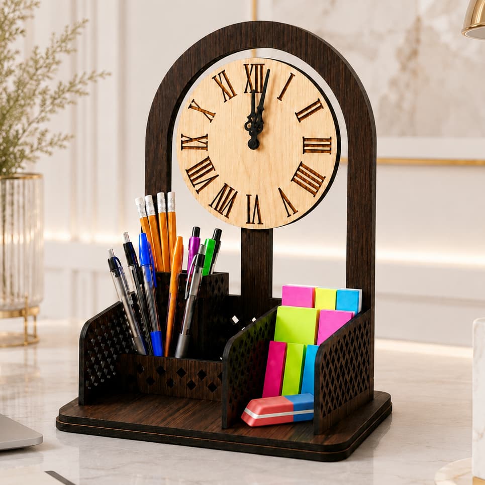 Organizador de Mesa com Relógio Decorativo Porta Canetas Escritório Quarto Home Office
