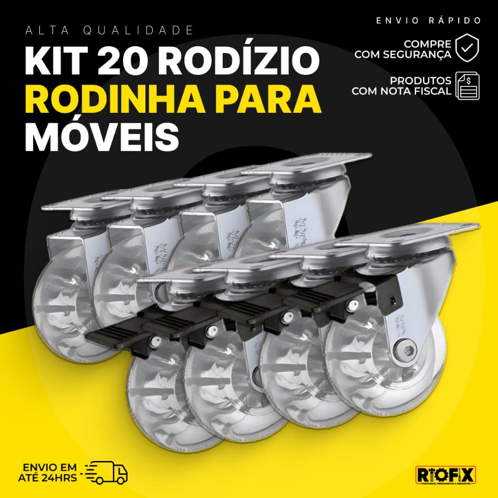 Kit 20 Rodízio Rodinha Para Móveis 50mm - 10 Sem Freio e 10 Com Freio