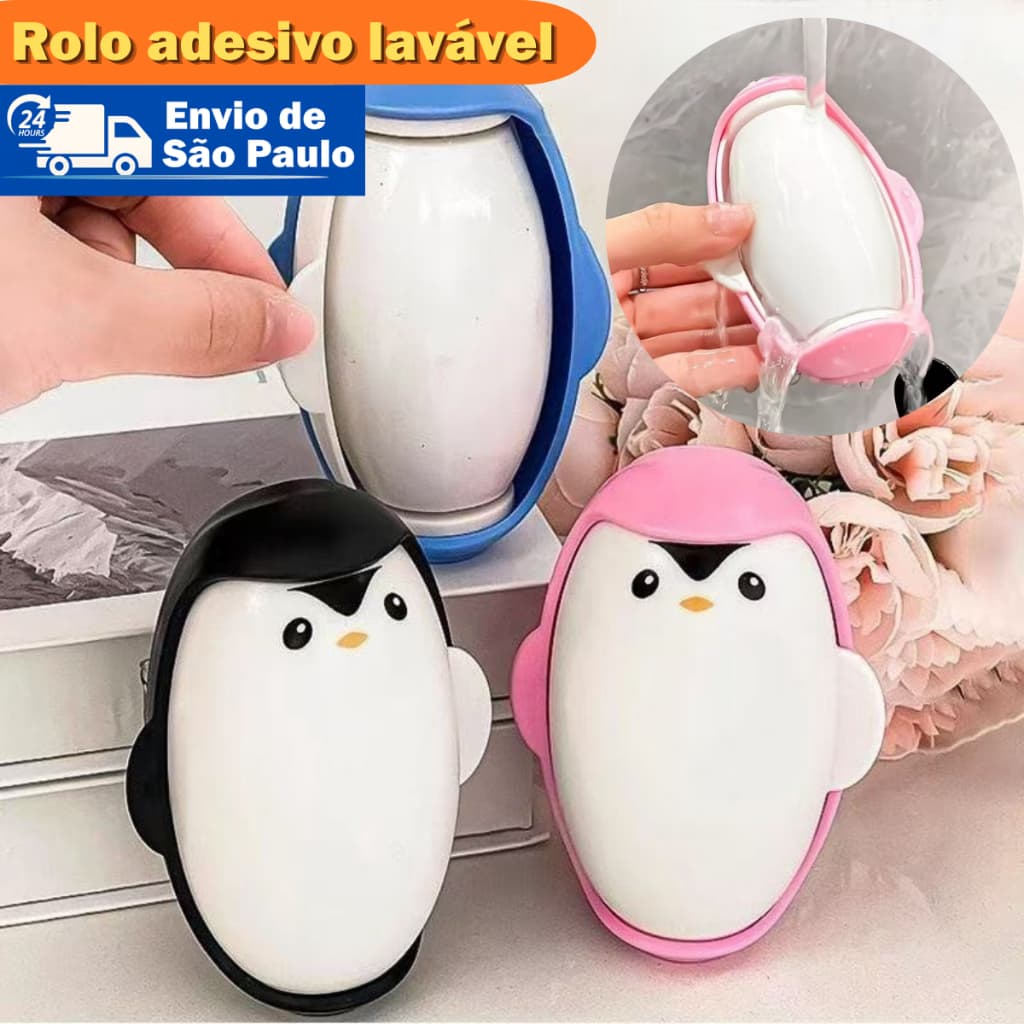 Rolo Adesivo Lavável Formato Pinguim Remove Pelos e Sujeiras Reutilizável por 180 Dias Sem Resíduos