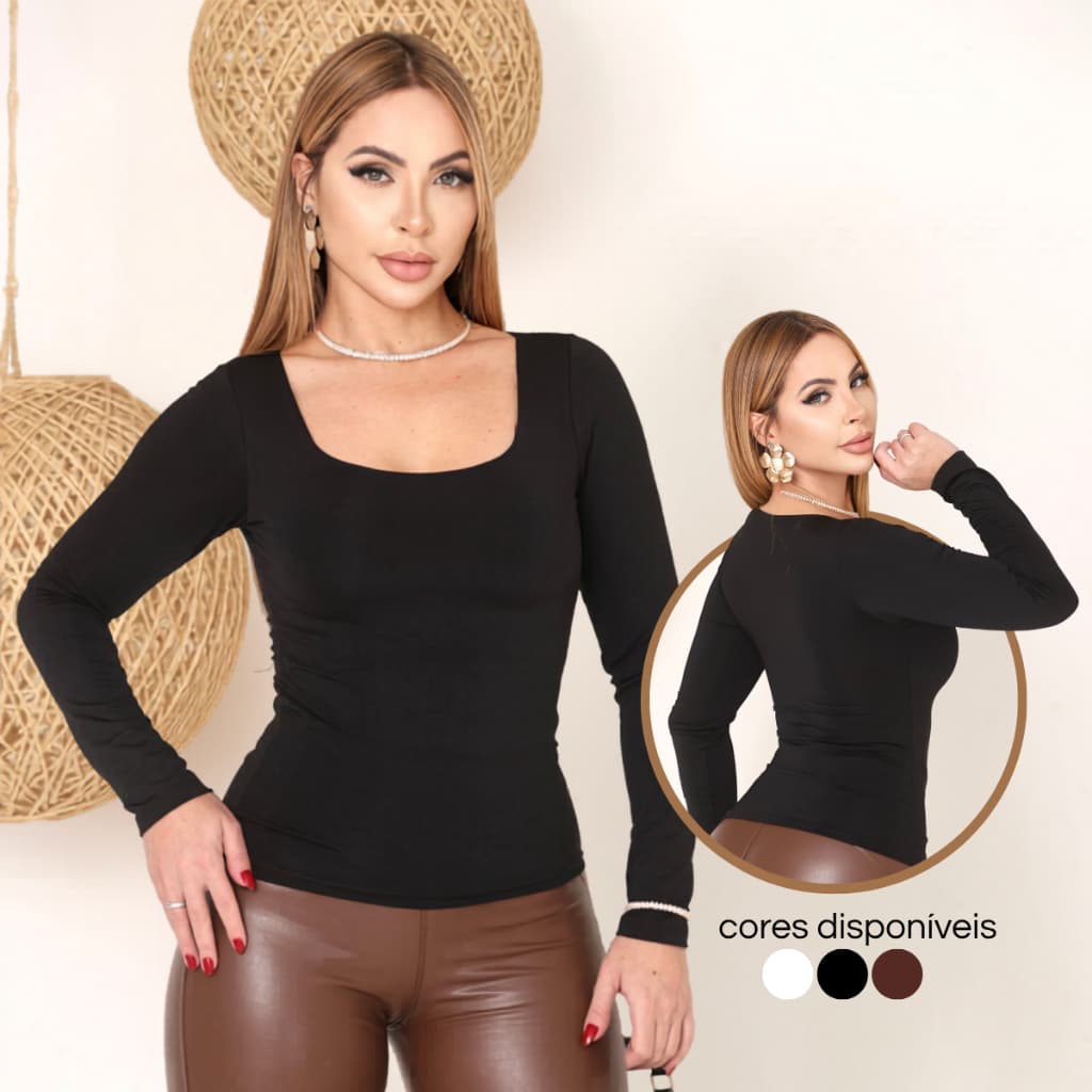 Blusa Manga Longa Feminina Básica em Suplex Dia a Dia Academia Corrida Casual Confortável Cores Neutras