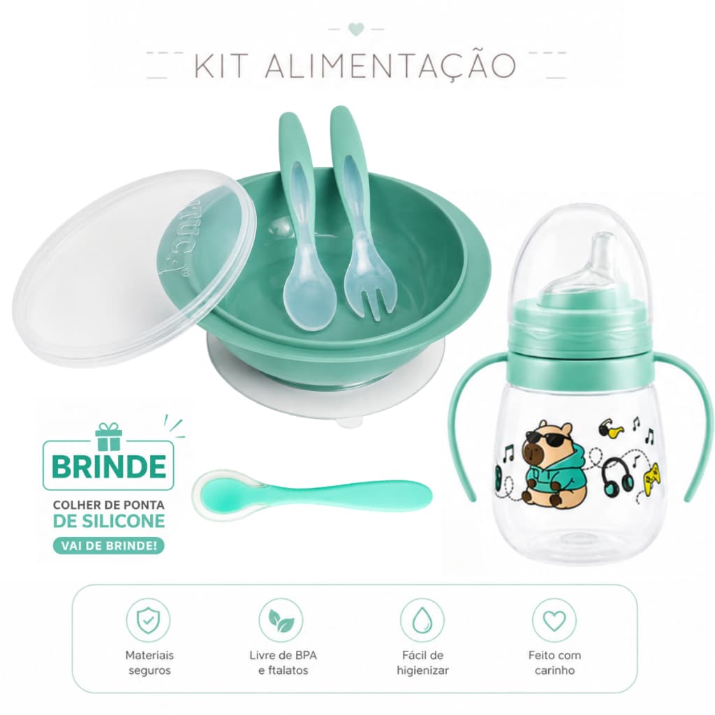 Kit Introdução Alimentar para Bebê com Copo Antivazamento + Prato Ventosa e Talheres Verde