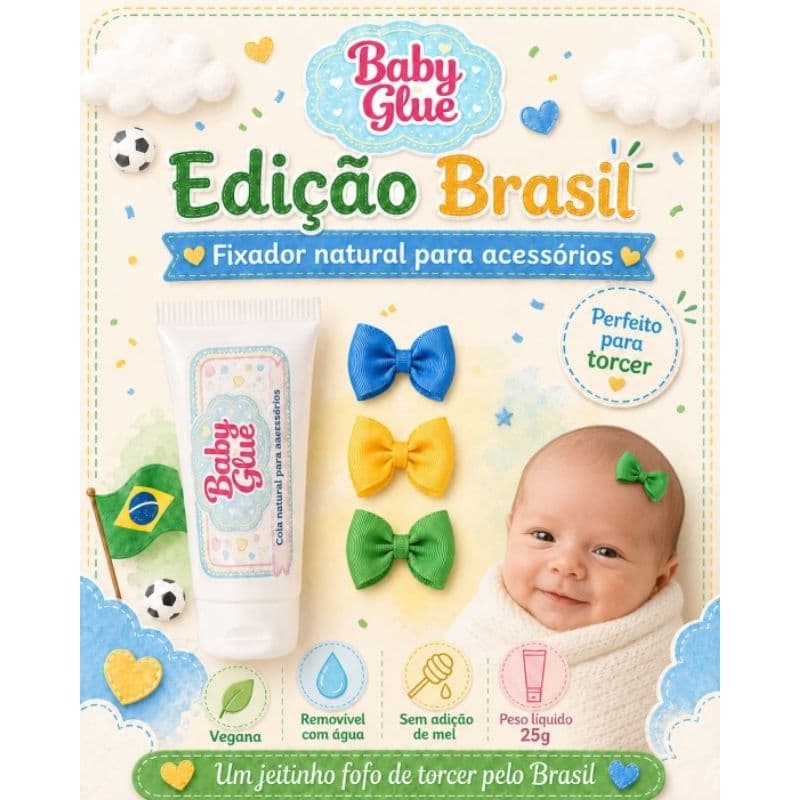Baby Glue Cola Para Laço De Bebê Fixador Natural Sem Tiara Remove Com Água - Copa do Mundo- Brasil  + 3 laços cor brasil