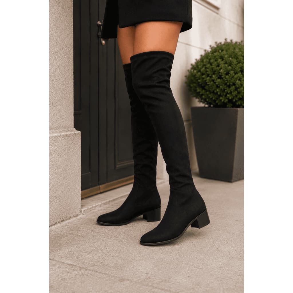 Bota over the knee Feminina Cano Alto Camurça Bico Fino – Elegância para Festas e Eventos!