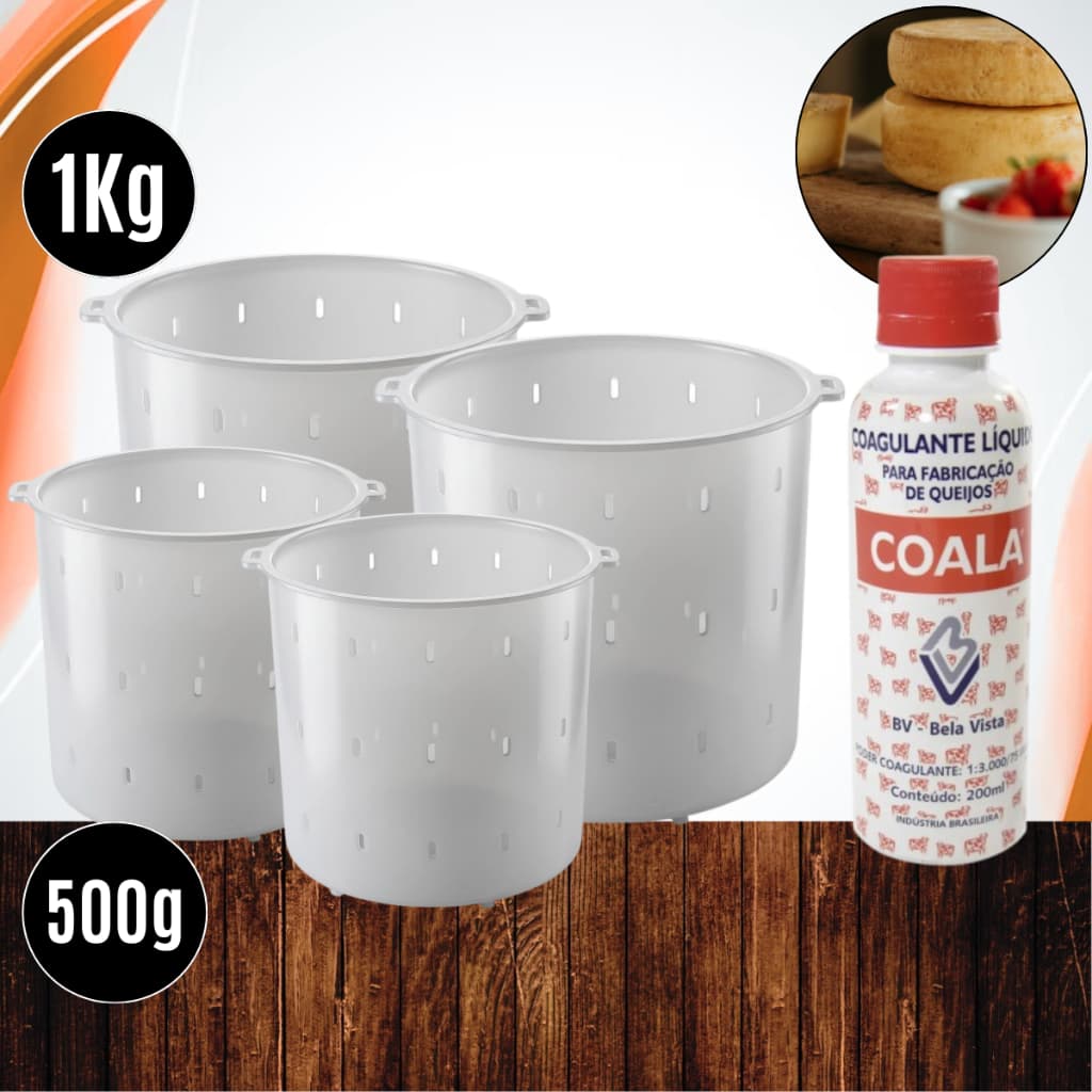 Kits Queijeiro Coalho BV 200ml + Formas 500g e 1kg (especial e reforçadas) p/ queijos Minas Frescal