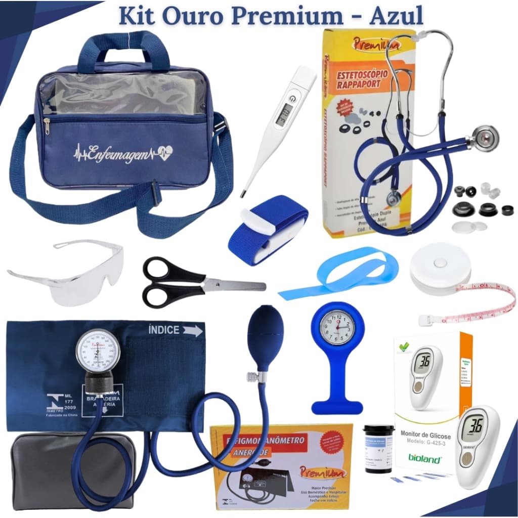 Kit Material de Bolso para Enfermagem Completo Ouro com Monitor de Glicose, Relógio de Lapela, Esteto e Esfigmo