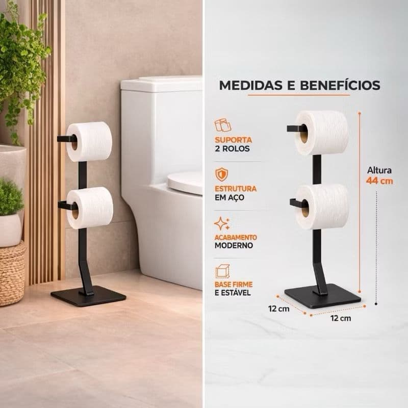 Porta Papel Higiênico De Chão 2 Rolos Preto Suporte Para Banheiro Lavabo Consultório Moderno Prático