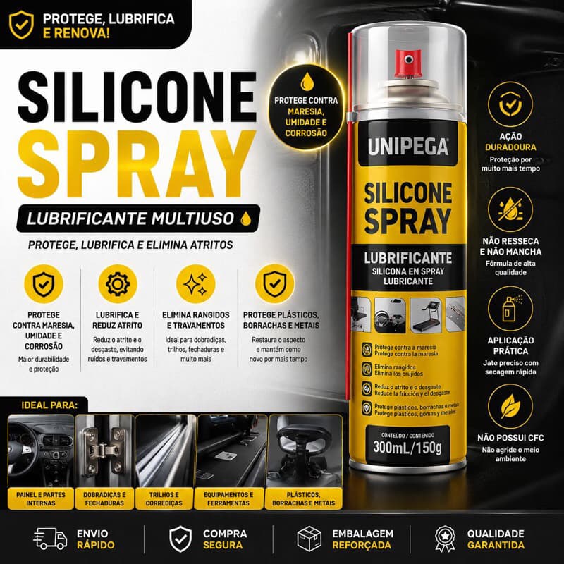 Silicone Spray Lubrificante 300ml Unipega Protege Lubrifica e Renova Plásticos Borrachas Metais