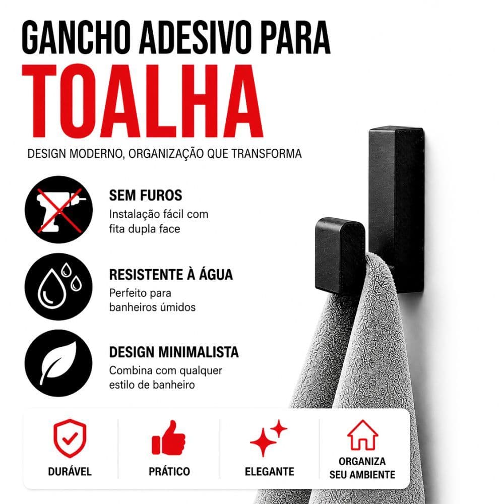 Gancho Cabide Adesivo de Parede Suporte Resistente com Fita Dupla Face Para Pendurar Toalha Roupas e Acessórios