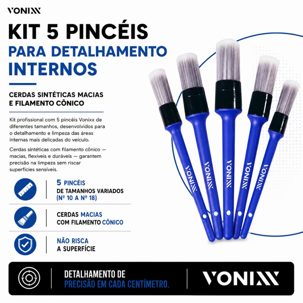 Kit 5 Pinceis Vonixx Detalhamento Automotivo Interna
