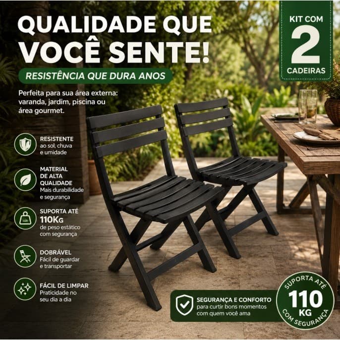 Kit 2 Cadeiras Plástico Alta Resistência Dobrável 110kg -Arqplast