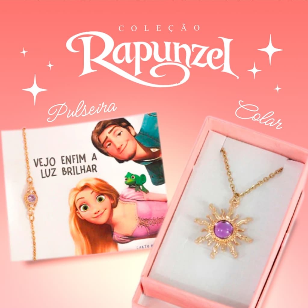 Conjunto Colar Pulseira Rapunzel Enrolados Lilás Aço Inox Raio Solar + Caixinha Vermelha Veludo