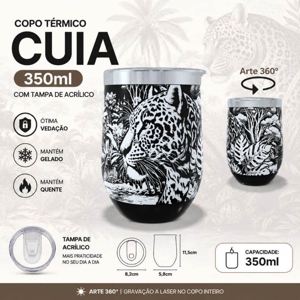 Copo Térmico CUIA 350ML ou COPO 473ML com arte 360º graus ARTE a Laser Tema: PESCADOR E ONÇA
