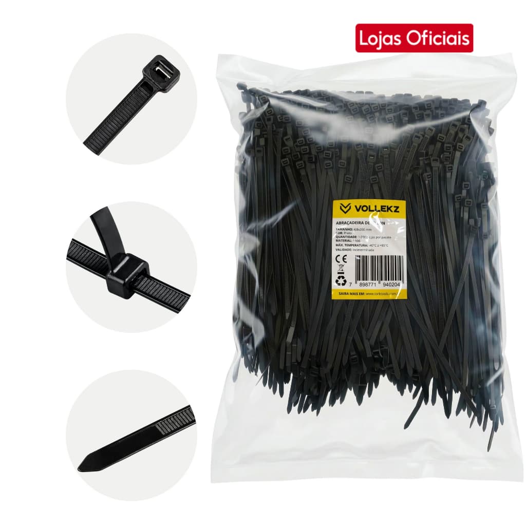 Abraçadeira Nylon Plastica Enforca Gato Preta 4.8x200mm 1000un Vollekz Anti UV Atacado