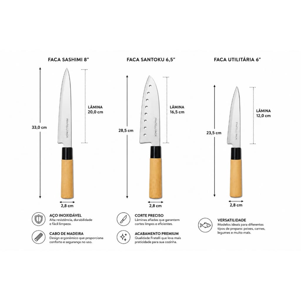 Faca de Cozinha Inox Cabo Madeira Profissional Premium Santoku Sashimi Utilitária Corte Preciso