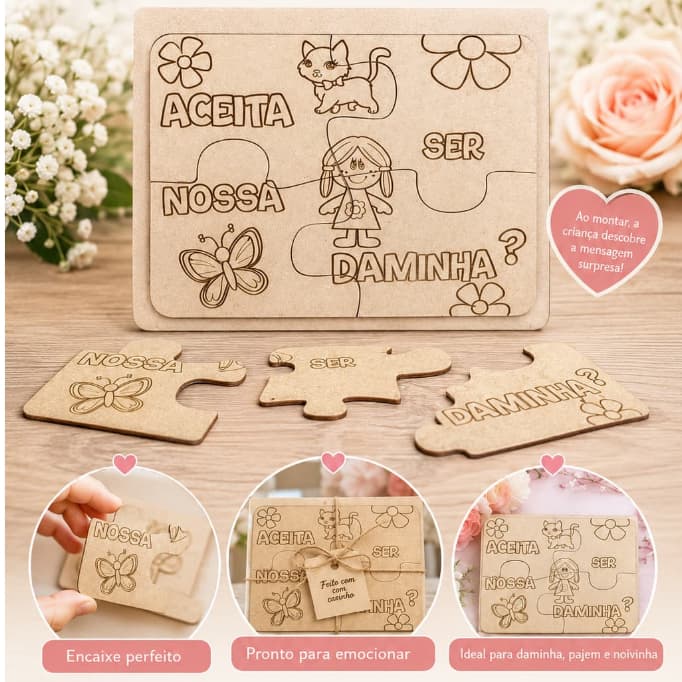 Quebra Cabeça Convite Casamento Daminha Pajem Noivinha Personalizado em MDF Infantil Porta Aliança