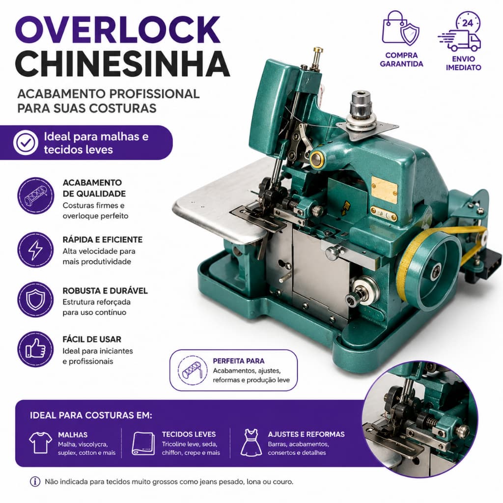 Maquina Overlock de Costura Semi Industrial Overloque Portátil Verde 220v/110v