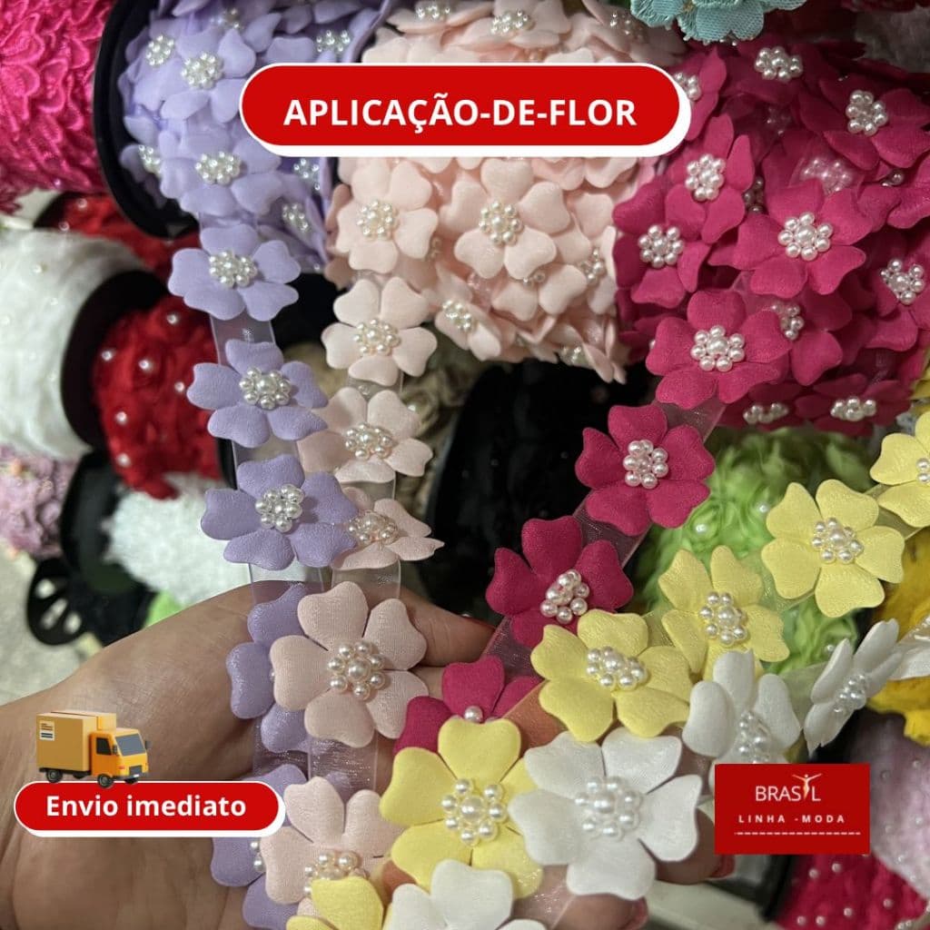 APLIQUE DE FLOR TRABALHADA COM PEROLAS 1METRO