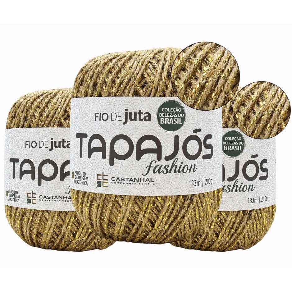 3x Fio Juta Castanhal Crochê Dourado 133m Brilho Ouro Sustentável Decoração Brindes Artesanato
