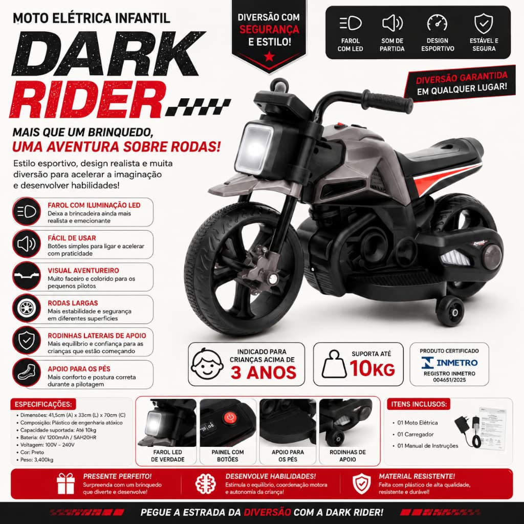 Moto Elétrica Infantil/ Mini moto Preta 6V com Farol LED Motinha Infantil Esportiva