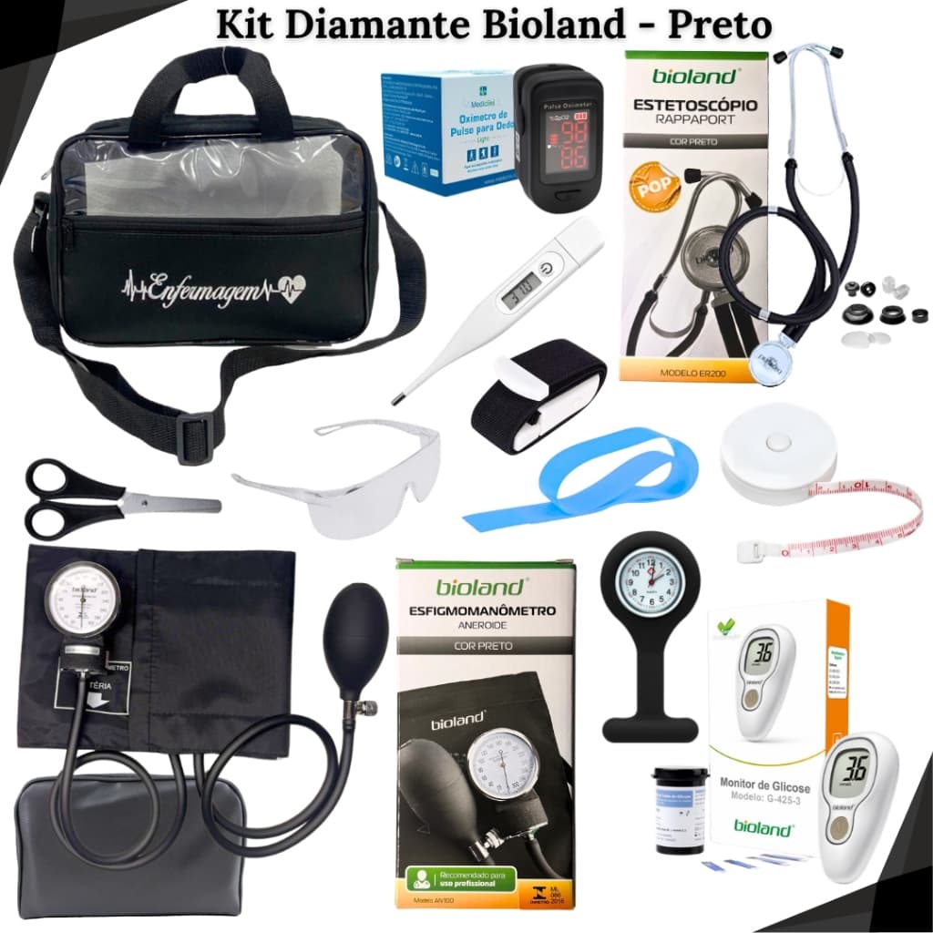 Kit Diamante de Enfermagem com 13 itens Super Completo para as Aulas de Laboratório e Campo de Estágio com Oxímetro