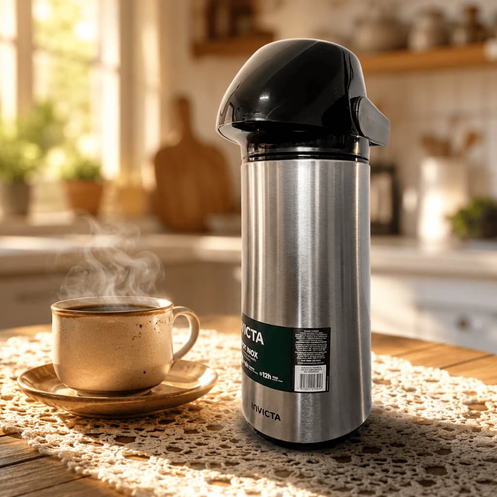 Garrafa Térmica Invicta Air Pot Inox 1L Original Café Quente e Frio por Muito Mais Tempo Uso Diário!