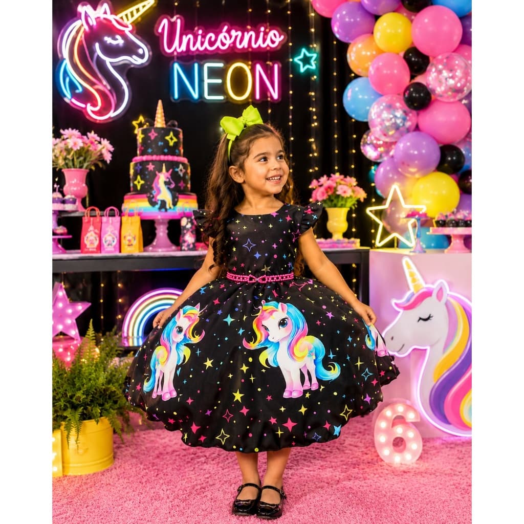 Vestido Neon Infantil Unicórnio Arco-Íris Preto Festa Aniversário Brilha no Escuro de 1 a 12 anos