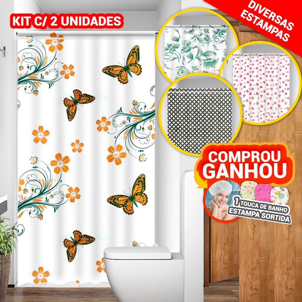 Cortina Para Box Vinil Sortido Com Ganchos Antimofo 1,38 x 1,98cm Diversas Estampas