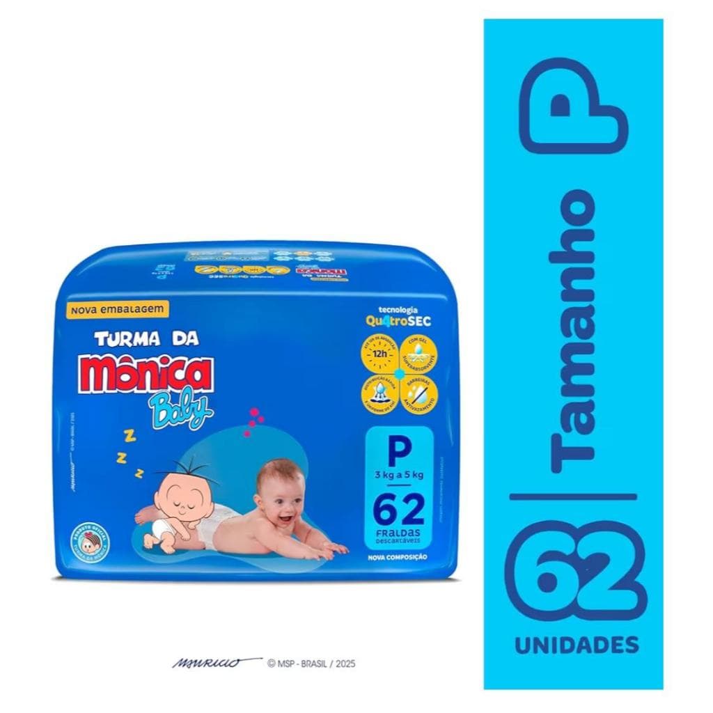 Fralda Turma da Mônica Baby Mega P - 62 Unidades Pacote Econômico