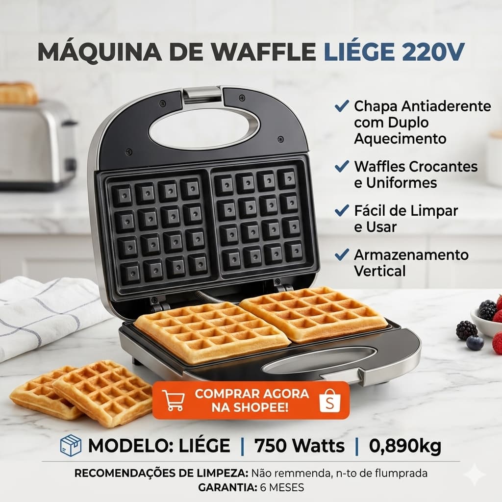 Máquina de Waffle Elétrica Liége 750W Antiaderente Waffleira Grill 110V 220V ✅