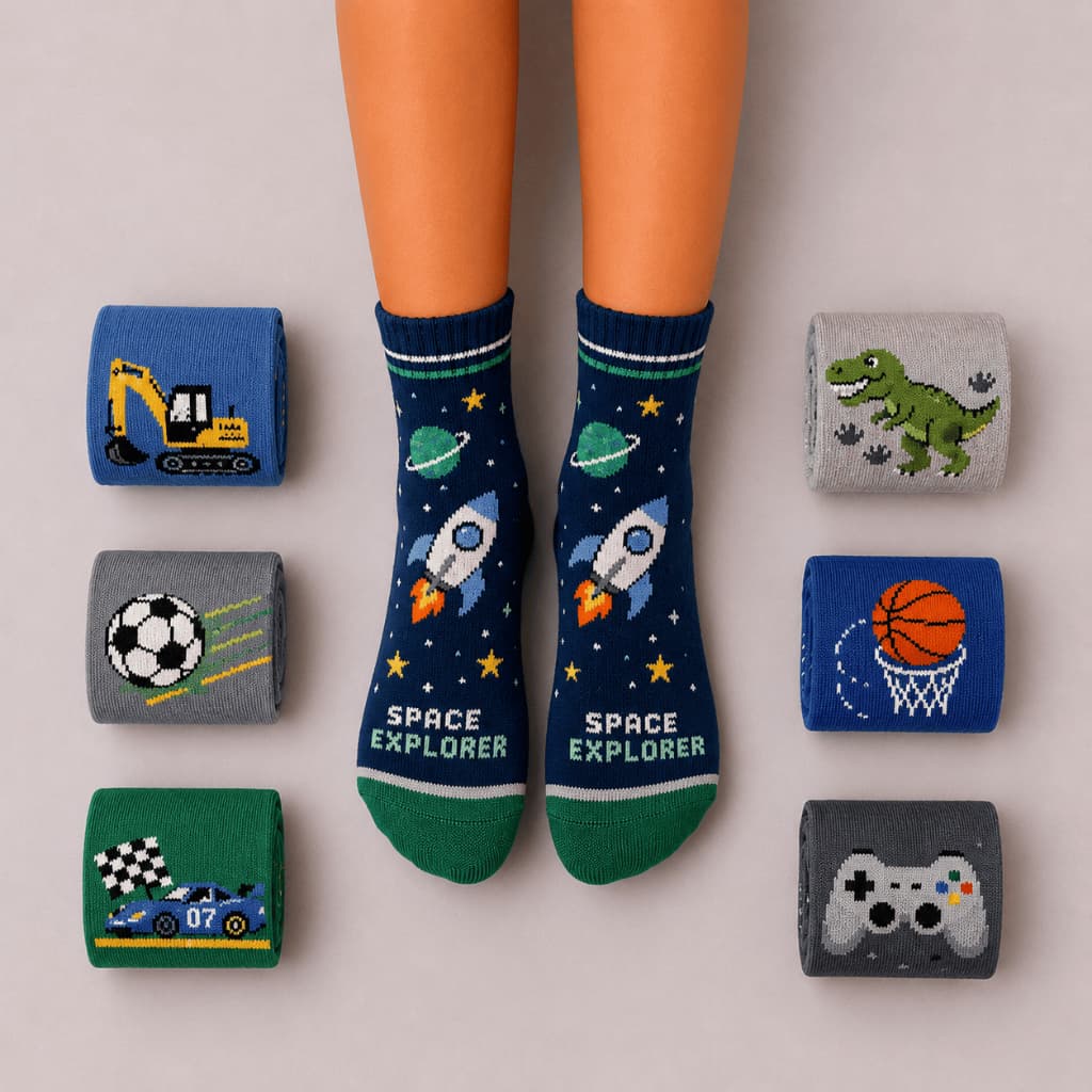 Kit 6 Pares de Meia Antiderrapante Infantil Masculina Cano Médio Estampada Tecido de Algodão