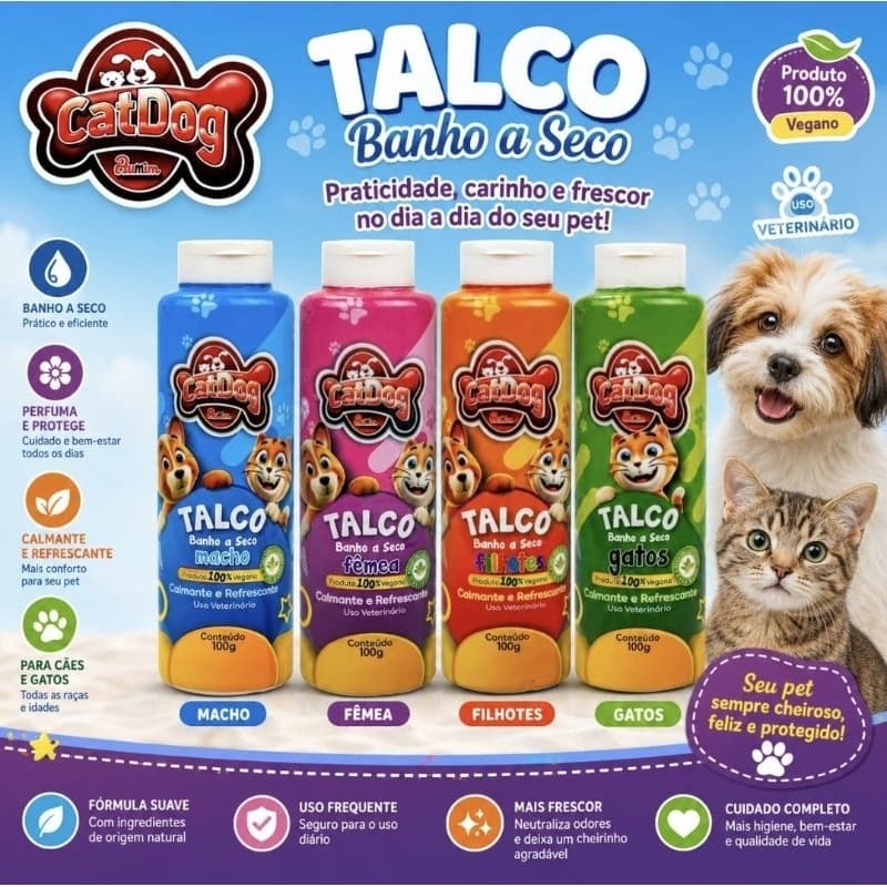 Talco Banho a Seco CatDog para Cães e Gatos 100g - Refrescante e Calmante
