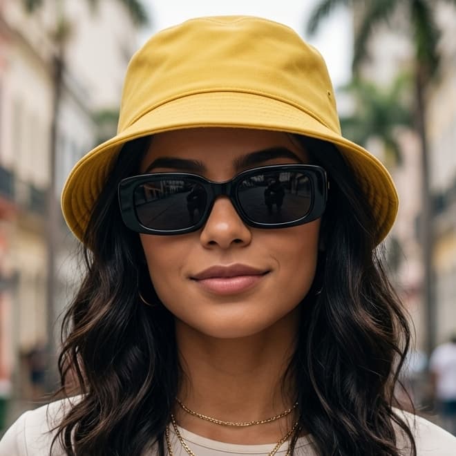 Kit Com Chapéu Bucket E Oculos De Sol Vintage Com Armação Quadrada E Proteção Uv400 Unissex - MD-06