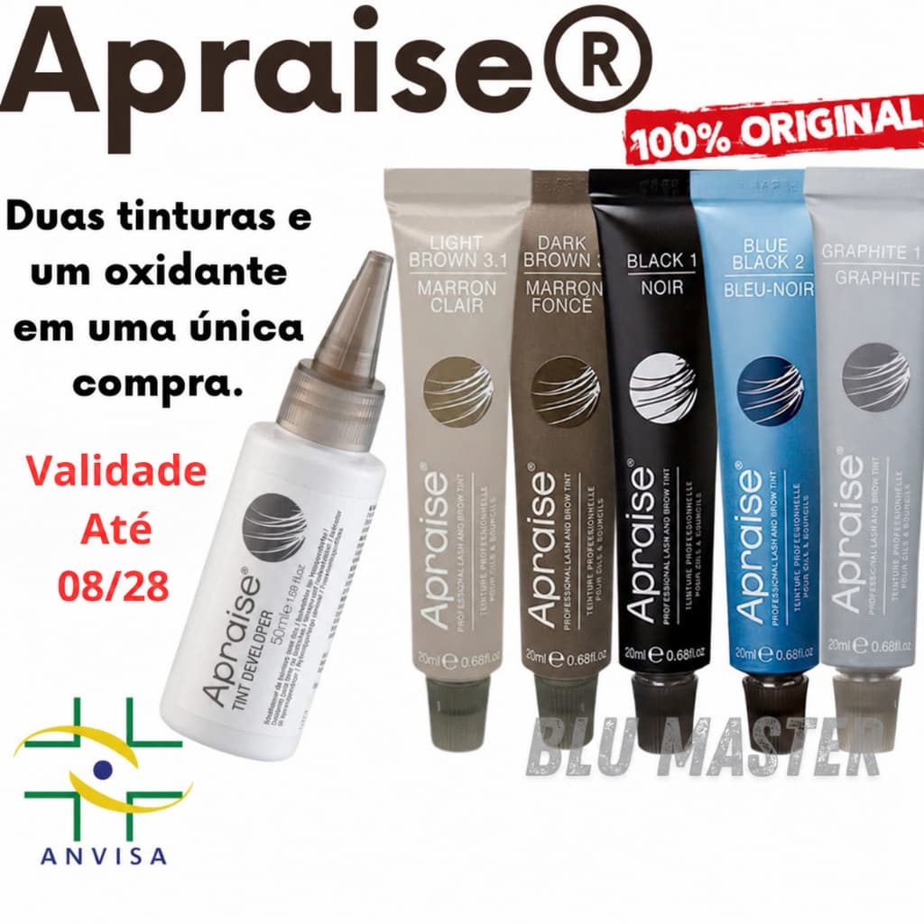 2 Tinturas Apraise kit 2 cores + 1 Oxidante Líquido Cílios  Sobrancelhas Barba Coloração 20ml Original c/ Anvisa