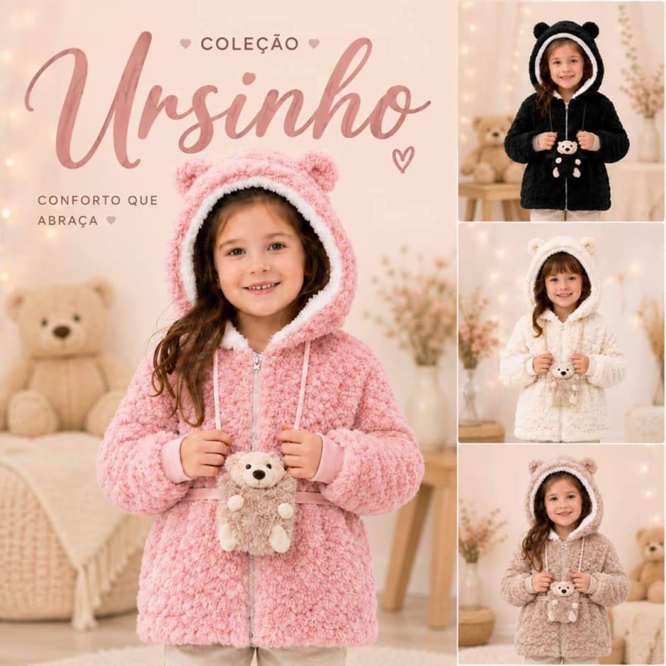 Casaco infantil ursinho peluciado forrado com capuz orelhinha de urso  bolsinha