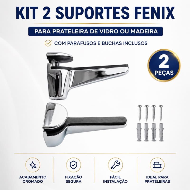 2 Suportes FENIX para Prateleira Vidro/Madeira com Parafusos e Buchas incluidos