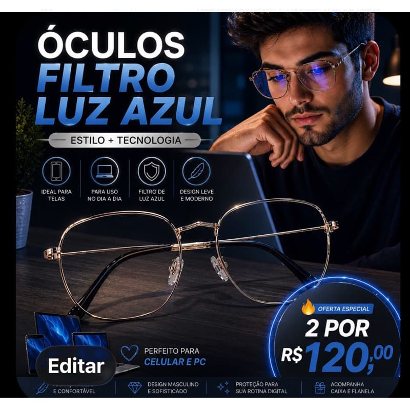 kit com 2 Óculos Filtro Luz Azul +Estojo + Flanelinha Unissex Anti Reflexo Para Celular Computador Proteção UV TR90