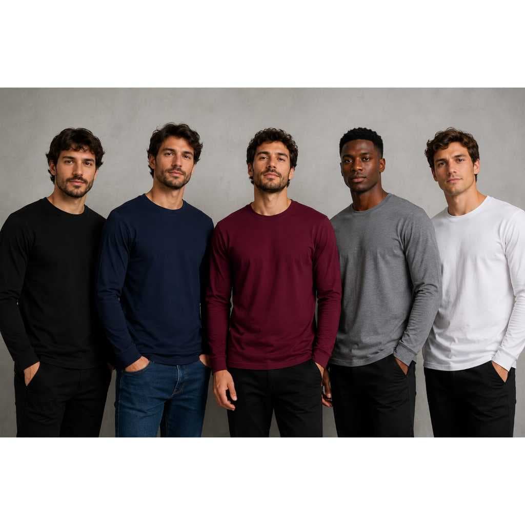 Kit 5 Camisetas MANGA LONGA LISA. P ao GG. Uso casual e esportivo.